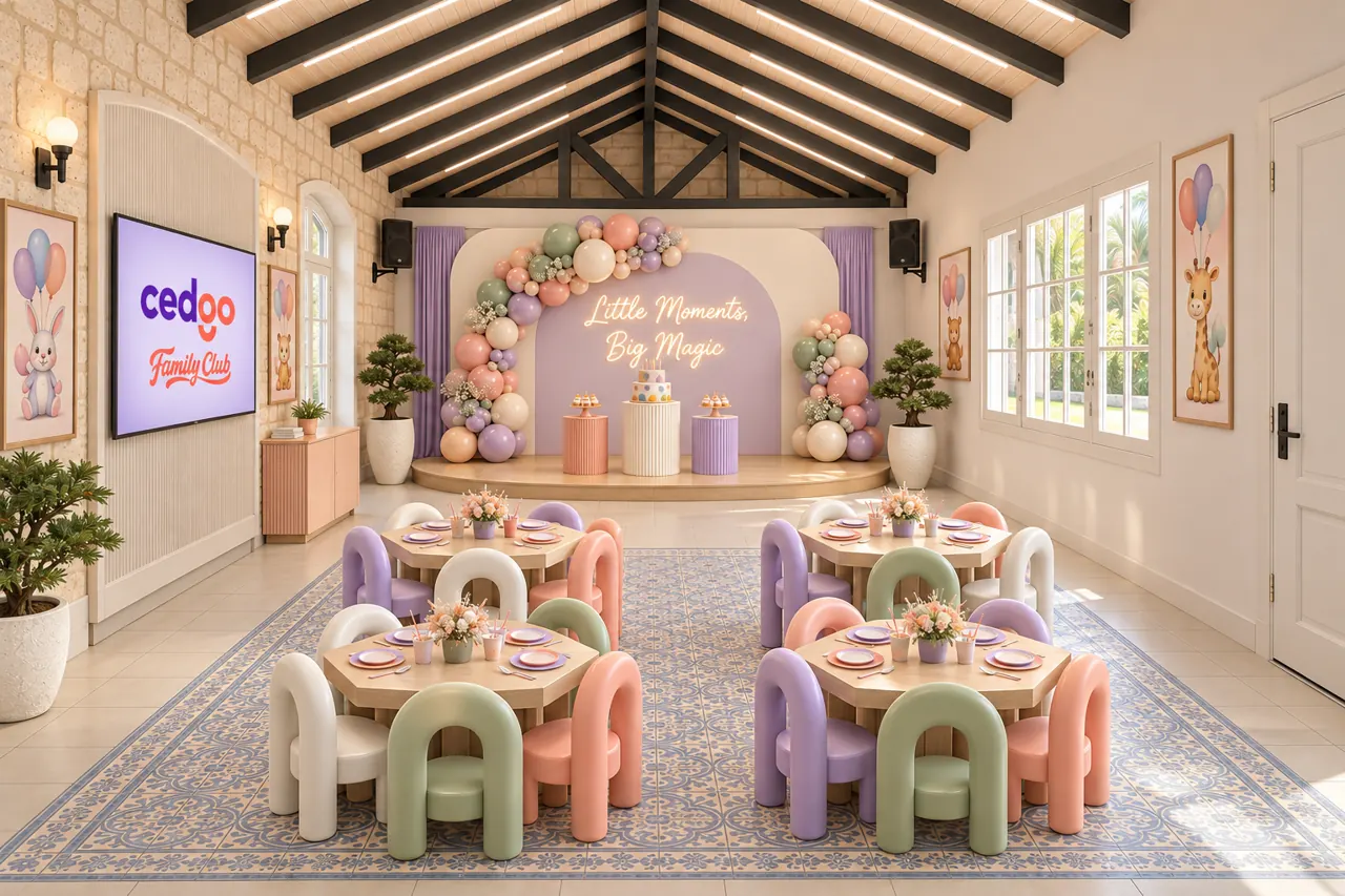 Cedgo Family Club doğum günü salonu: pastel sandalyeli dört masa, balonlarla süslü sahne ve Little Moments, Big Magic neon yazısı