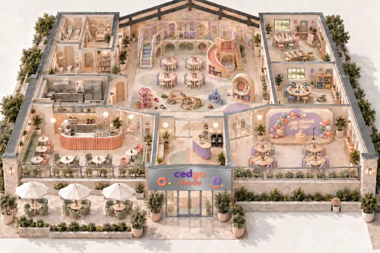 Cedgo Family Club kuşbakışı konsept görünüşü: kafe, teras, Classic oyun alanı, sınıflar ve doğum günü salonu